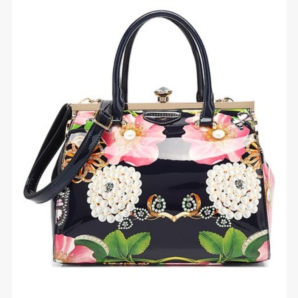 DESIGNER NAVY PATENT LEATHER FLORAL PURSE